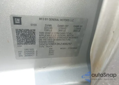 2019 Chevrolet Silverado 1500 Custom z USA, uszkodzony, nr VIN 1GCUYBEF2KZ408257